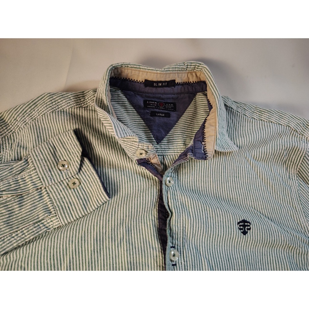 iSEE MCM DNM Mens Slim Fit Pinstripe Button Down Shirt Green White Cotton Large